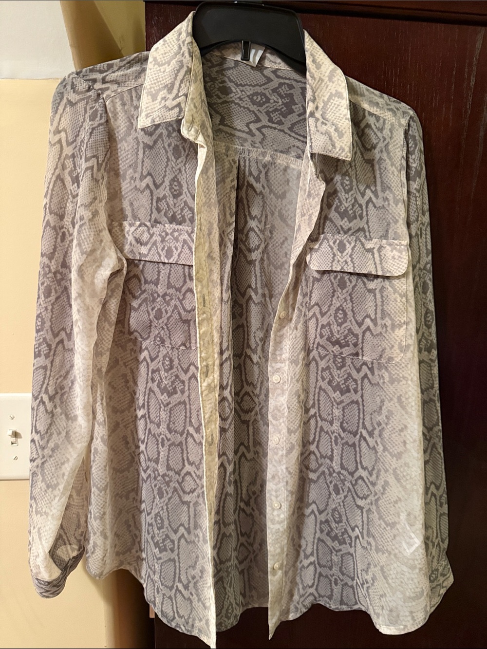 Women’s  Snake-Print Button-Up  sheer Shirt in Gray and Cream